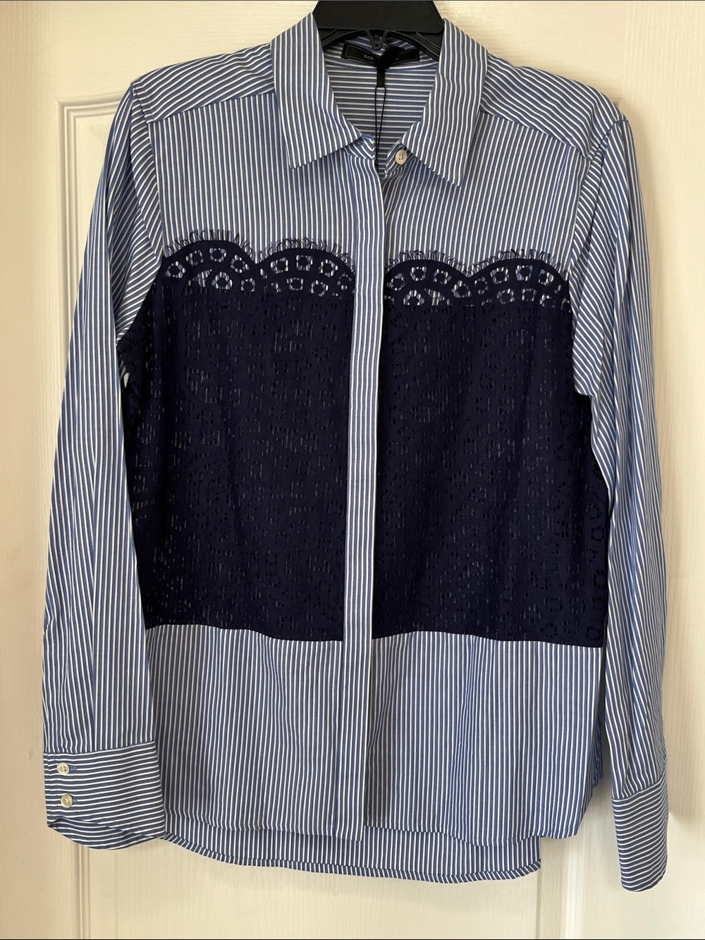 BCBGMaxAzria Striped Blue Button-Up Shirt with Navy Lace Panel, NWT, M